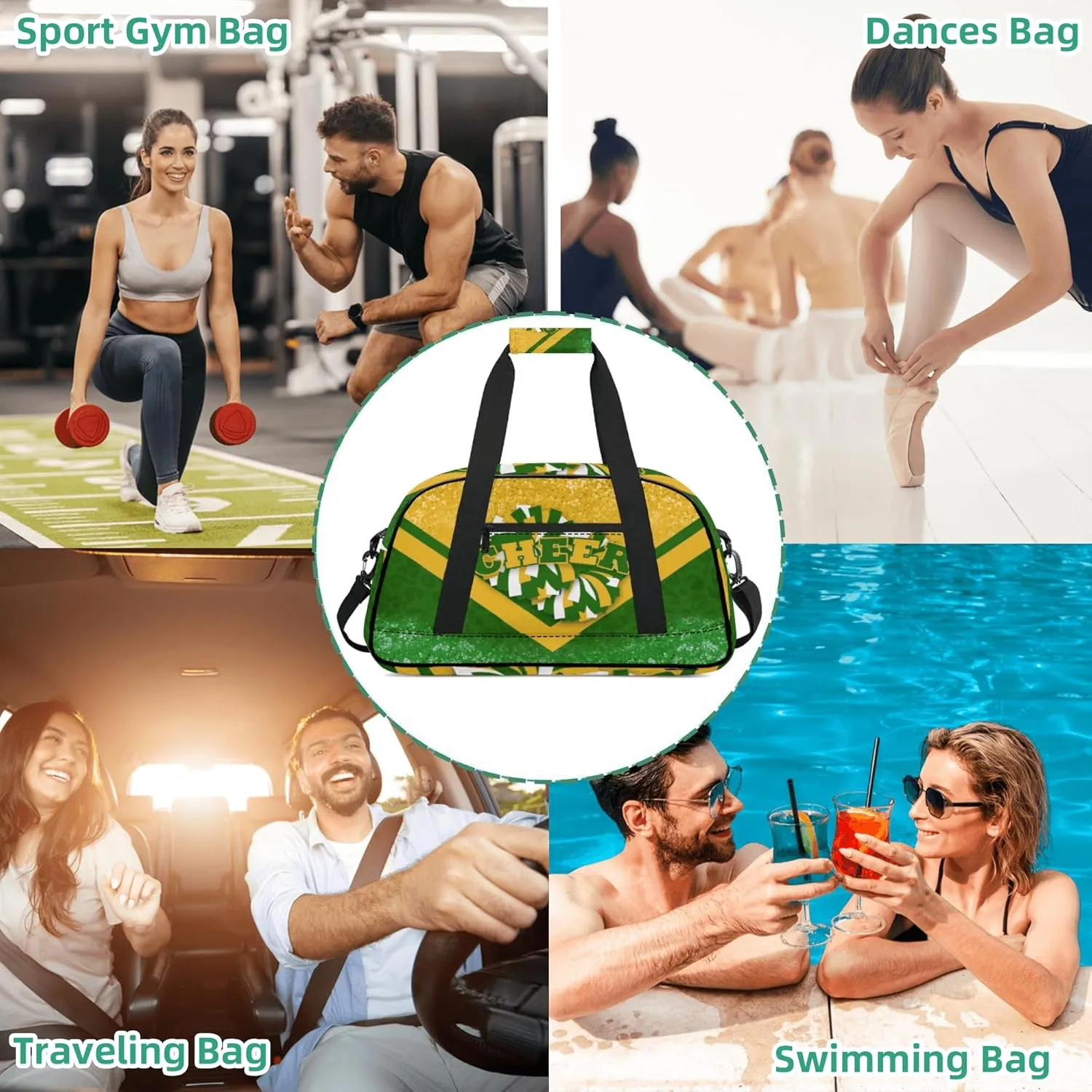 Cheer Duffle Bag for Cheerleaders, Cheerleading Gym Bag for Women, Carry on Weekender Bags, Travel Bag Duffel Bag (Gold&Green)