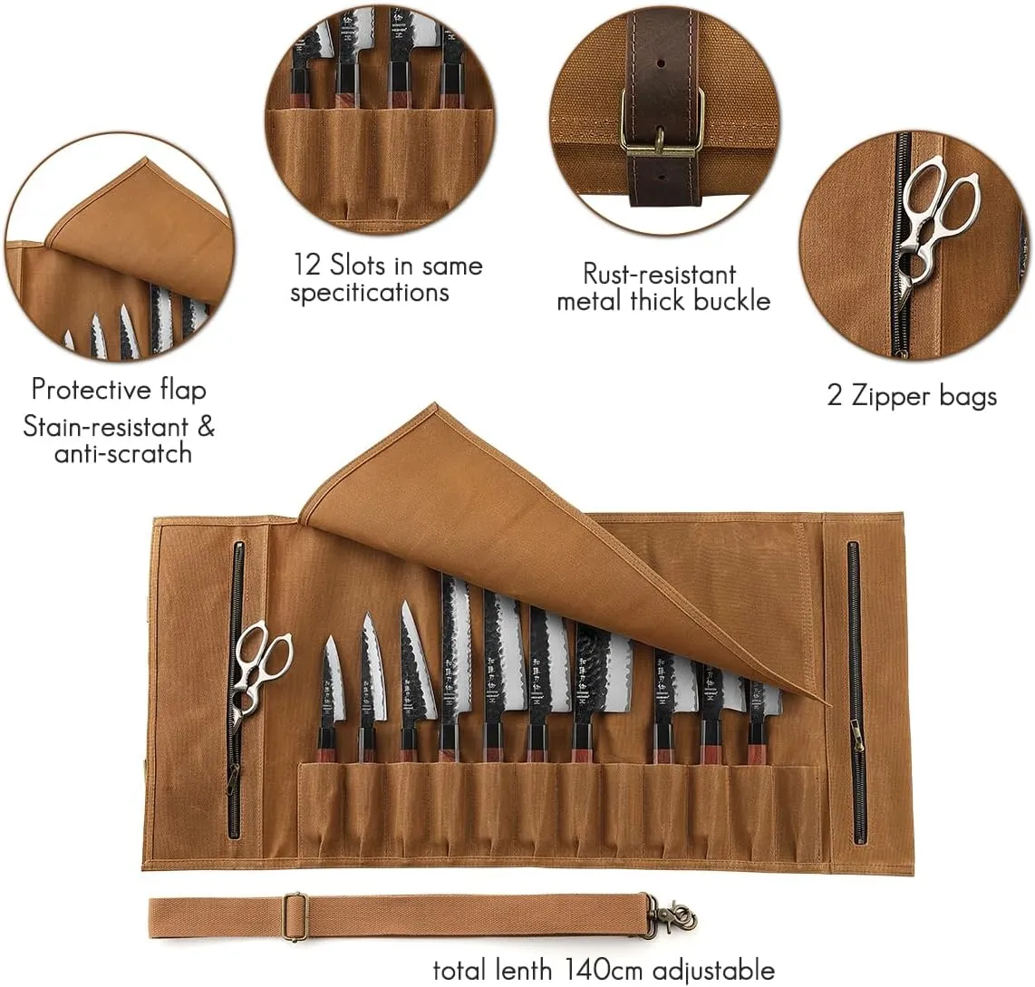 Chef Knife Roll Bag 16oz Oil Waxed Canvas with Cazy Horse Leather, 12 Slots & 2 Zipper Pockets, Portable Backpack Knife Case Storage, Detachable Adjustable Shoulder Strap Belt(Not Included Knives)