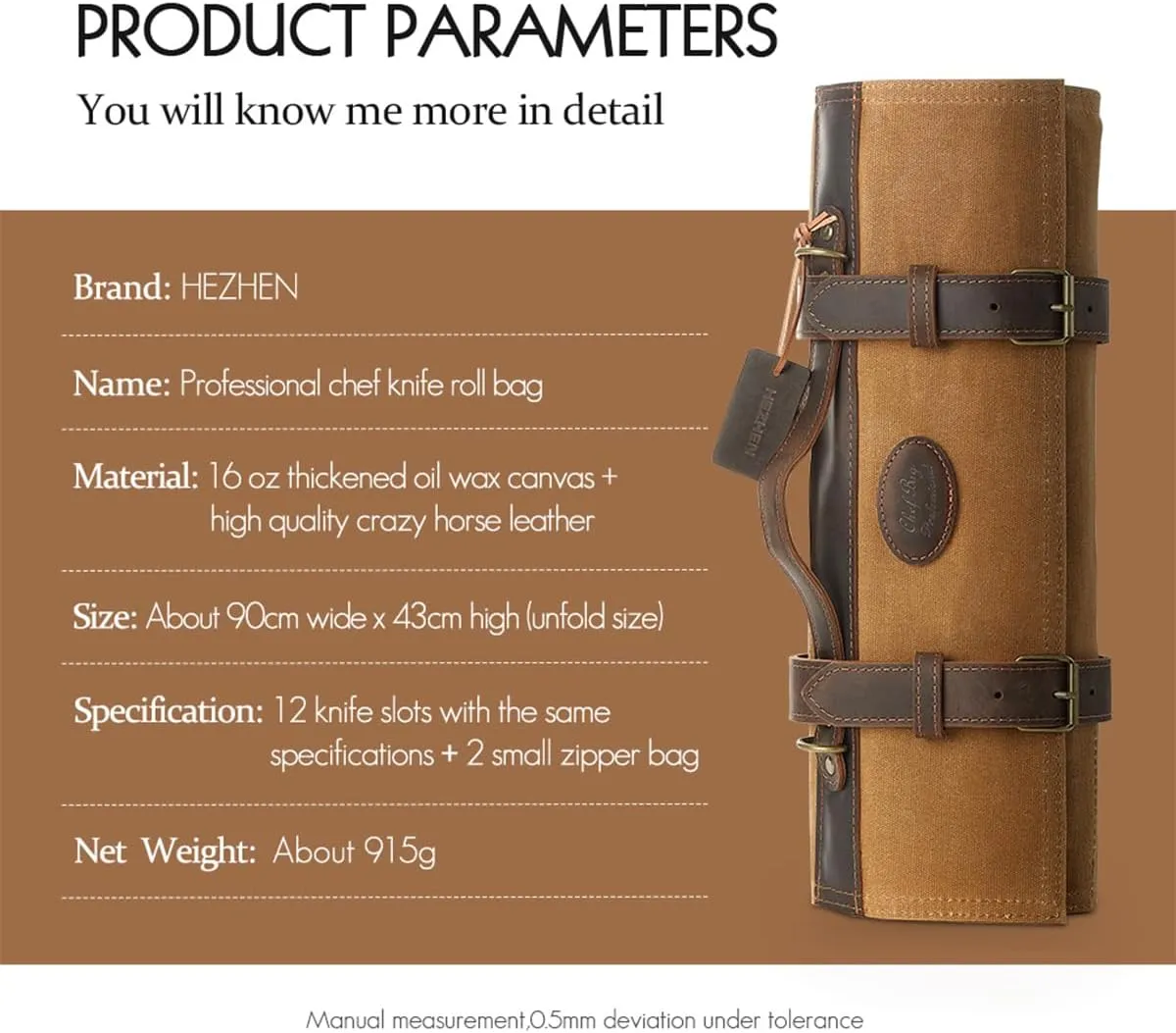 Chef Knife Roll Bag 16oz Oil Waxed Canvas with Cazy Horse Leather, 12 Slots & 2 Zipper Pockets, Portable Backpack Knife Case Storage, Detachable Adjustable Shoulder Strap Belt(Not Included Knives)