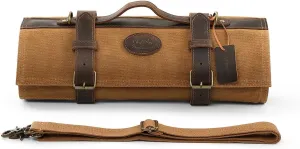 Chef Knife Roll Bag 16oz Oil Waxed Canvas with Cazy Horse Leather, 12 Slots & 2 Zipper Pockets, Portable Backpack Knife Case Storage, Detachable Adjustable Shoulder Strap Belt(Not Included Knives)