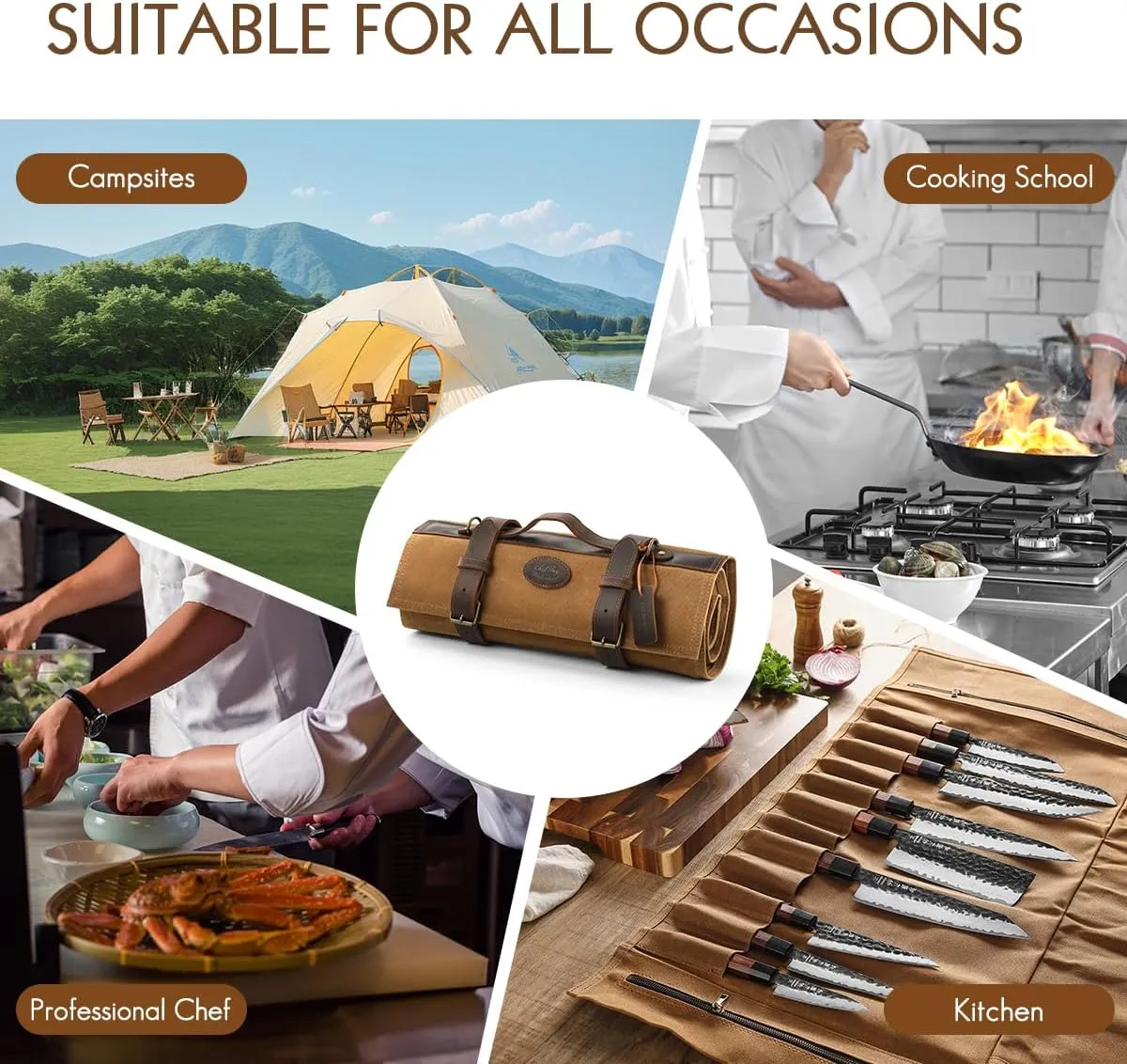 Chef Knife Roll Bag 16oz Oil Waxed Canvas with Cazy Horse Leather, 12 Slots & 2 Zipper Pockets, Portable Backpack Knife Case Storage, Detachable Adjustable Shoulder Strap Belt(Not Included Knives)