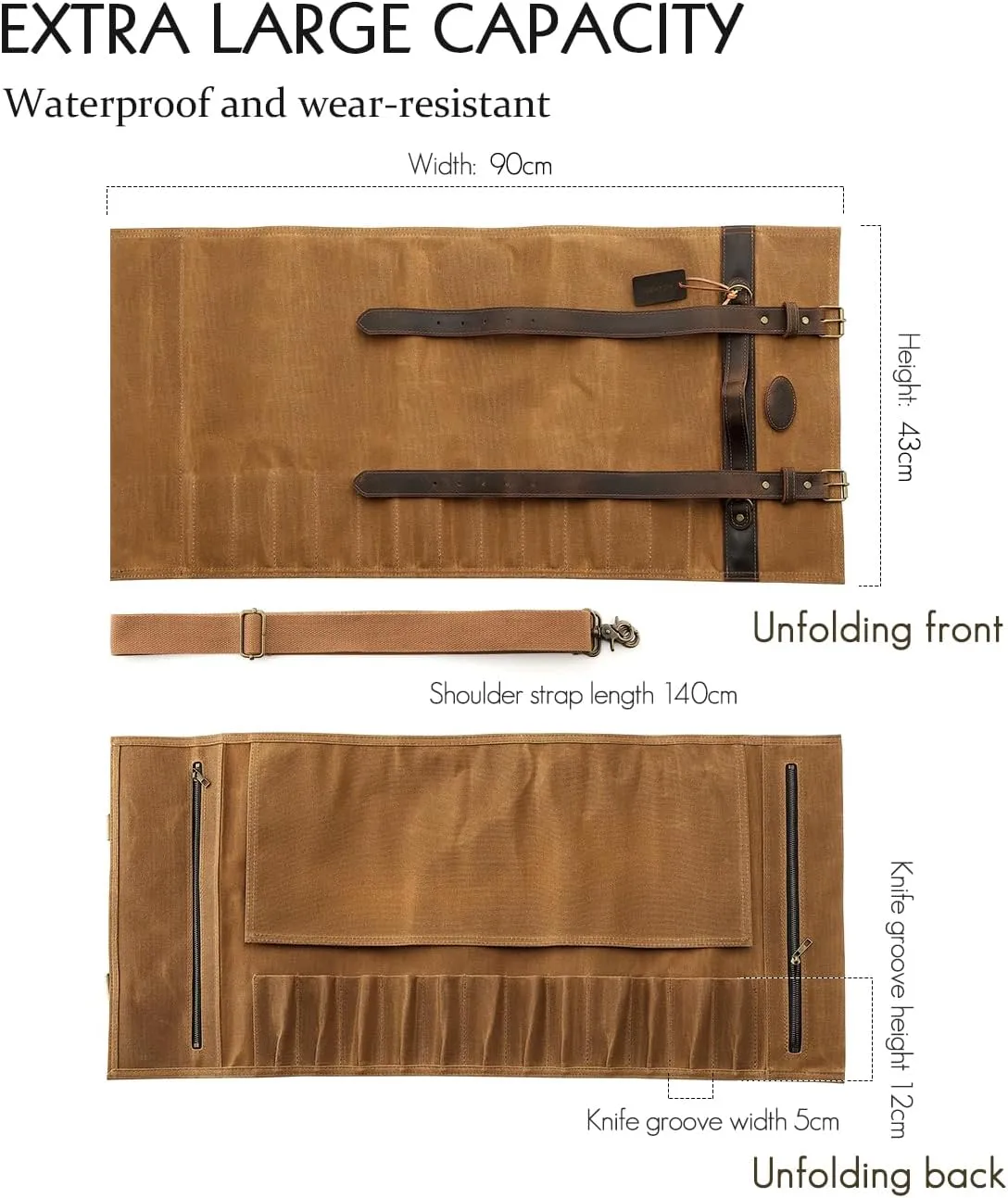 Chef Knife Roll Bag 16oz Oil Waxed Canvas with Cazy Horse Leather, 12 Slots & 2 Zipper Pockets, Portable Backpack Knife Case Storage, Detachable Adjustable Shoulder Strap Belt(Not Included Knives)