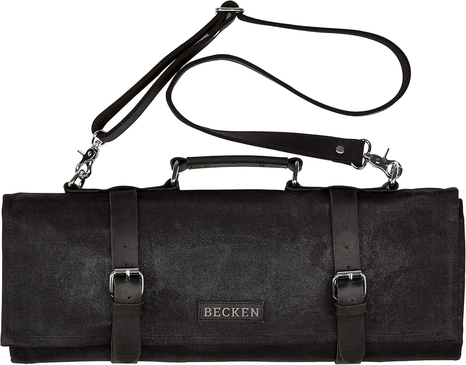 Chef Knife Roll Bag - Handmade Waxed Canvas and Leather Knife Bag Stores 10 Knives   Zipper Pocket and Shoulder Strap (Black)
