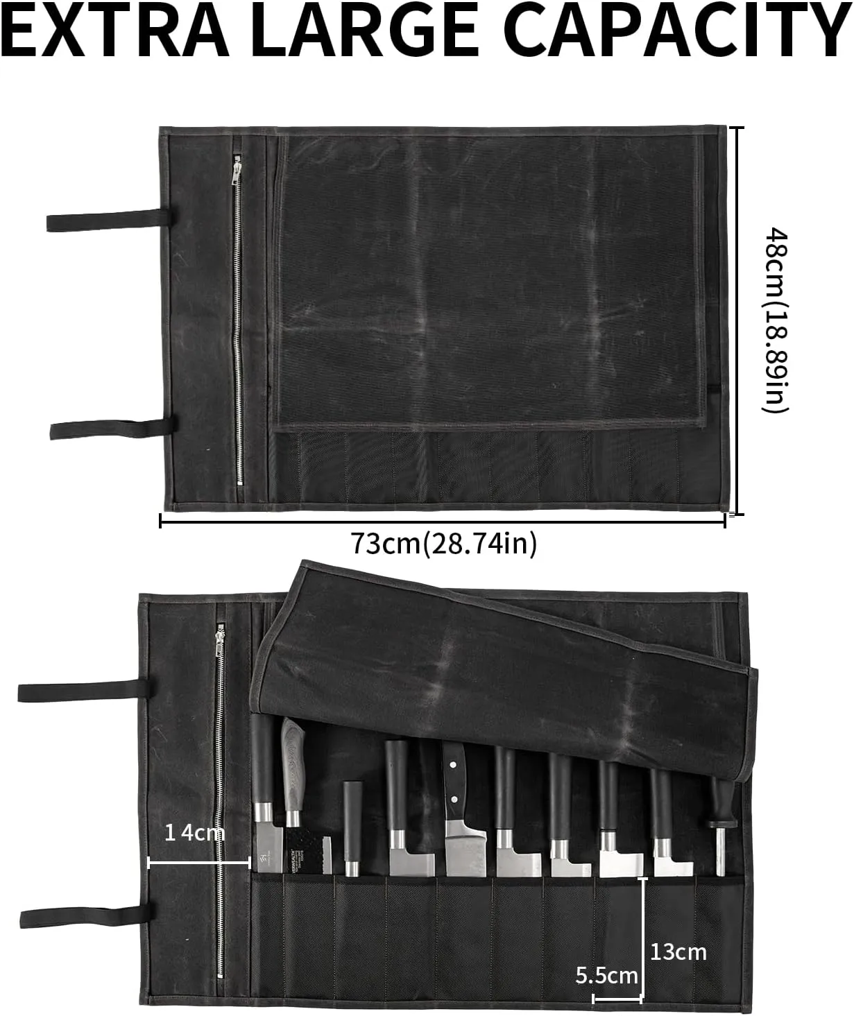 Chef Knife Roll Bag, Waxed Canvas Chef Knife Bag, Portable 10 Slots Chef Knife Case With 1 Zipper Pockets, Can Hold Home Kitchen Knife Tools Knife slot wide To 2.17”, Duty Knives Roll Bags for Chef