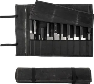 Chef Knife Roll Bag, Waxed Canvas Chef Knife Bag, Portable 10 Slots Chef Knife Case With 1 Zipper Pockets, Can Hold Home Kitchen Knife Tools Knife slot wide To 2.17”, Duty Knives Roll Bags for Chef