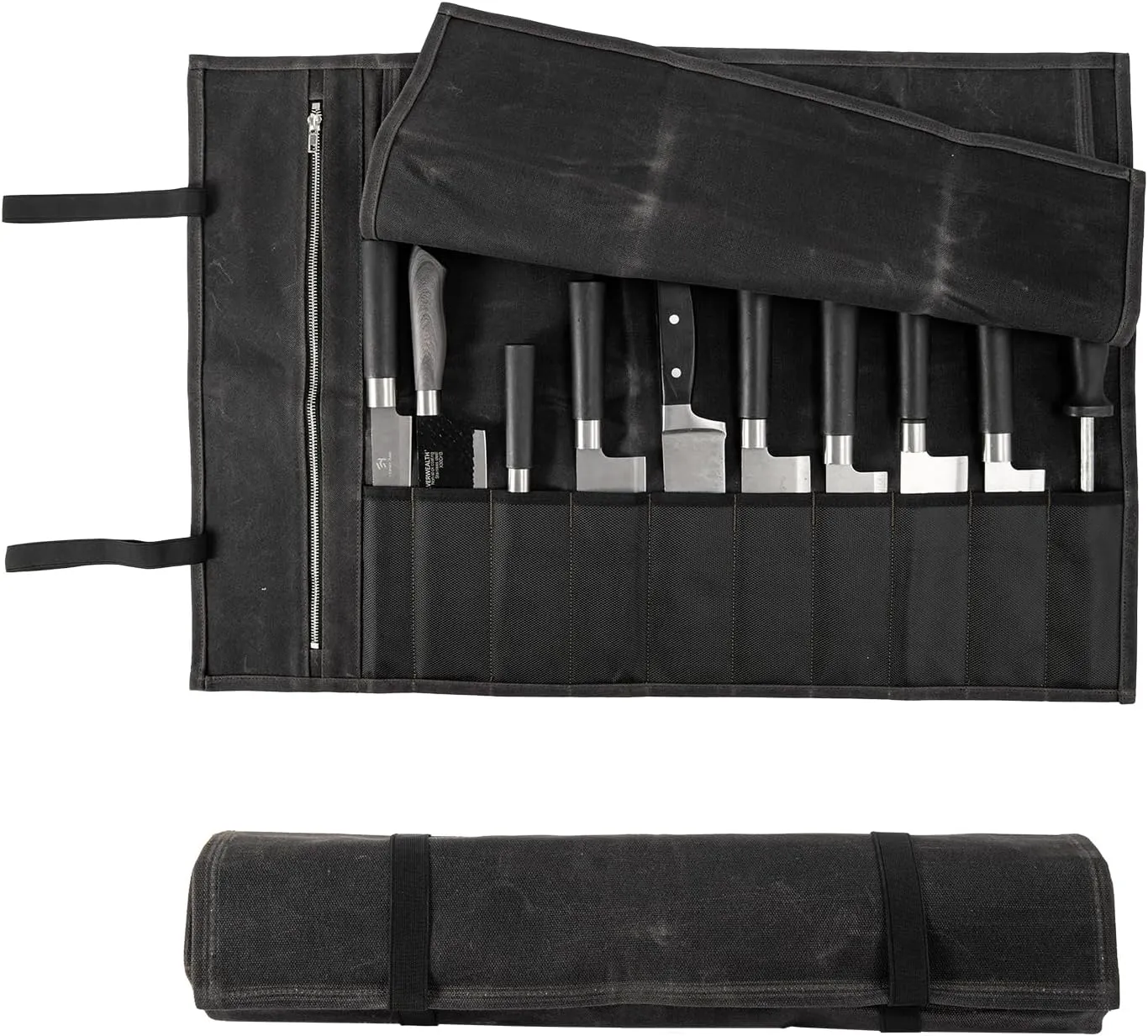 Chef Knife Roll Bag, Waxed Canvas Chef Knife Bag, Portable 10 Slots Chef Knife Case With 1 Zipper Pockets, Can Hold Home Kitchen Knife Tools Knife slot wide To 2.17”, Duty Knives Roll Bags for Chef