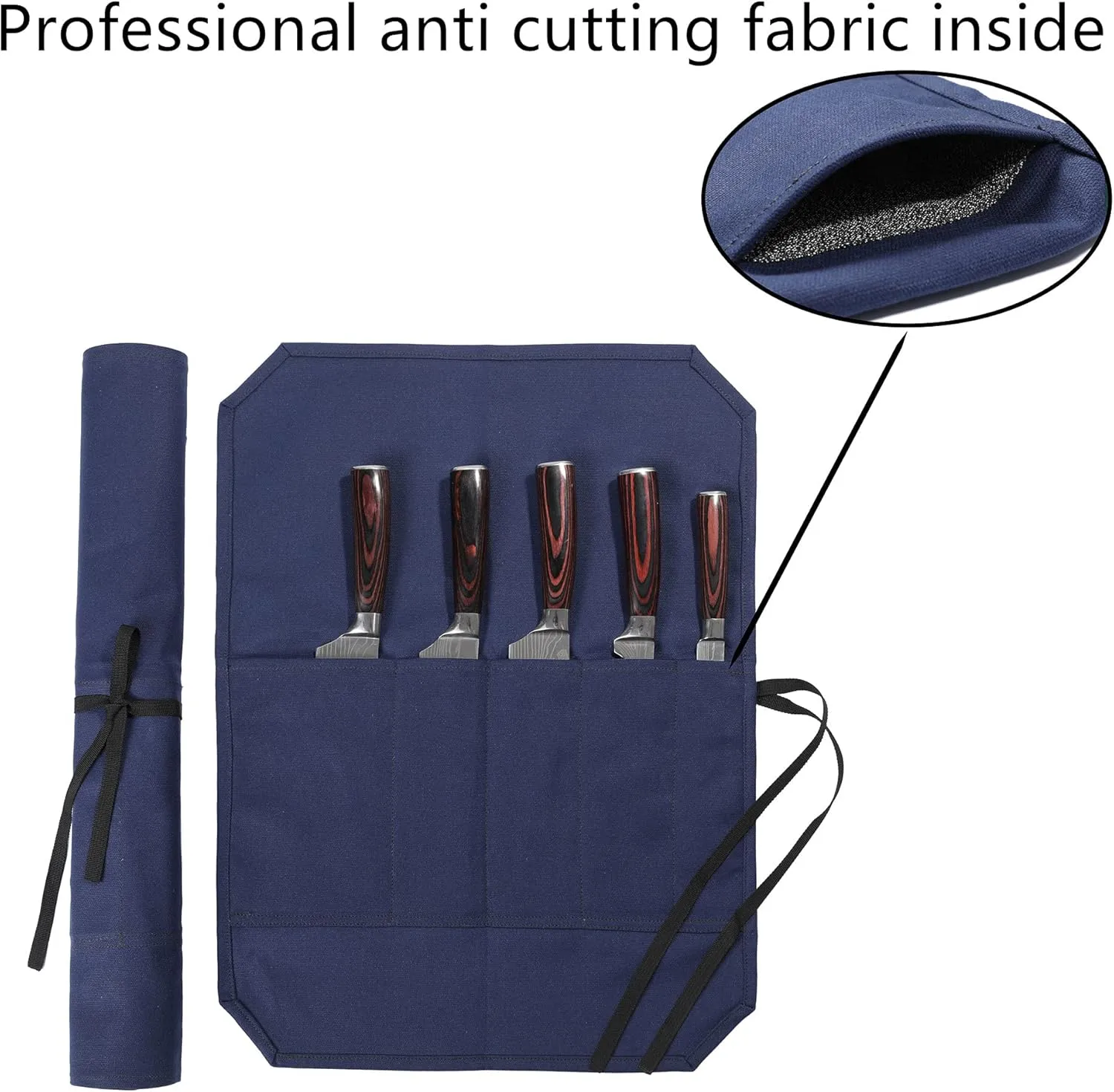 Chef's Knife Bag With 5 Slots, Wax Canvas Knife roll with Professional Anti Cutting Fabric Inside (Blue)