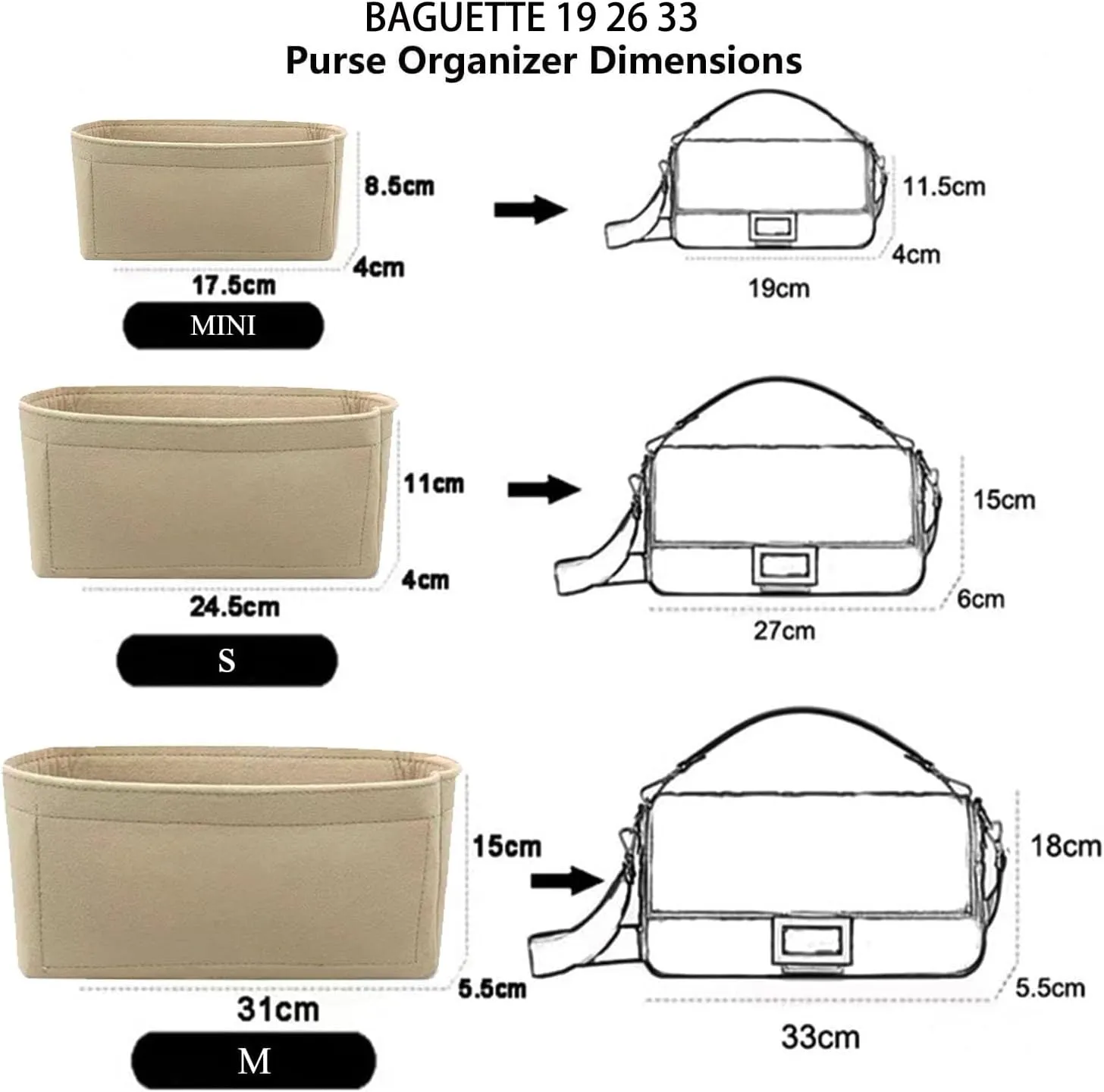 Chispee Purse Organizer Insert for Handbags, Softened Felt Insert Bag Organizer for Tote, Handbag Organizer fit for Baguette, Longchamp (Beige, Medium)
