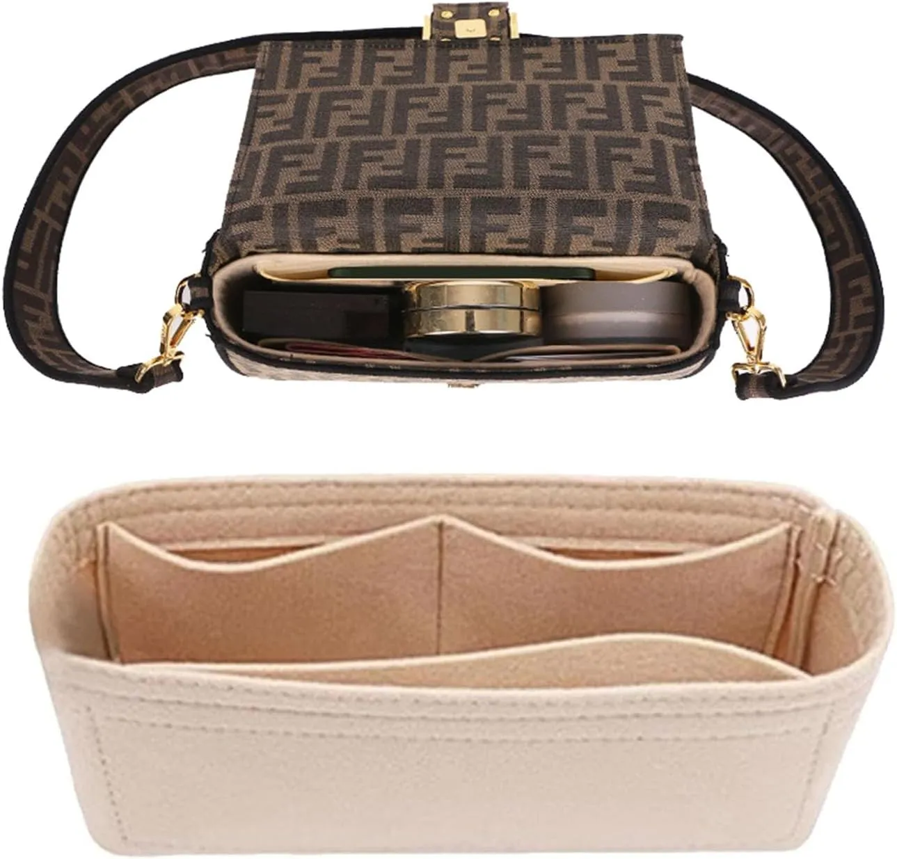 Chispee Purse Organizer Insert for Handbags, Softened Felt Insert Bag Organizer for Tote, Handbag Organizer fit for Baguette, Longchamp (Beige, Medium)