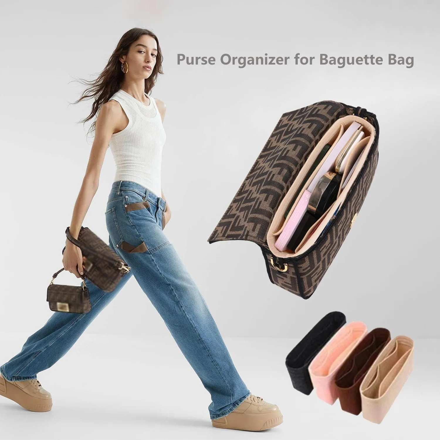 Chispee Purse Organizer Insert for Handbags, Softened Felt Insert Bag Organizer for Tote, Handbag Organizer fit for Baguette, Longchamp (Beige, Medium)