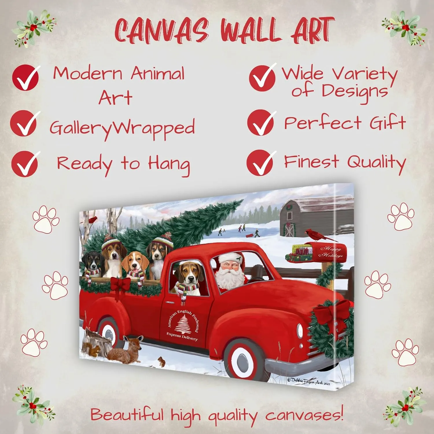 Christmas Express Red Truck with American English Foxhound Dog Canvas Wall Art - Premium Quality Ready to Hang Room Decor - Pecan Floating Framed 16" x 24"