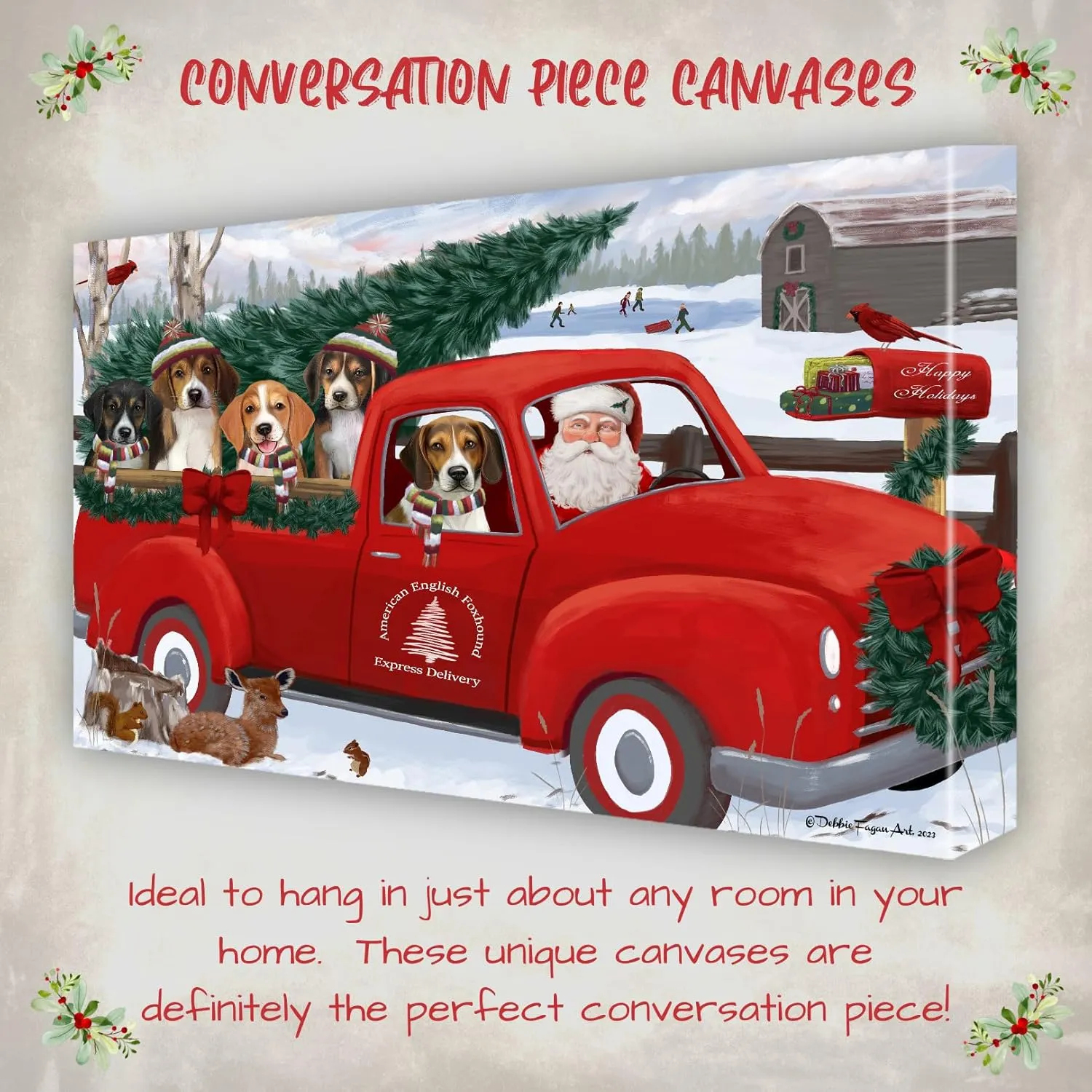 Christmas Express Red Truck with American English Foxhound Dog Canvas Wall Art - Premium Quality Ready to Hang Room Decor - Pecan Floating Framed 16" x 24"