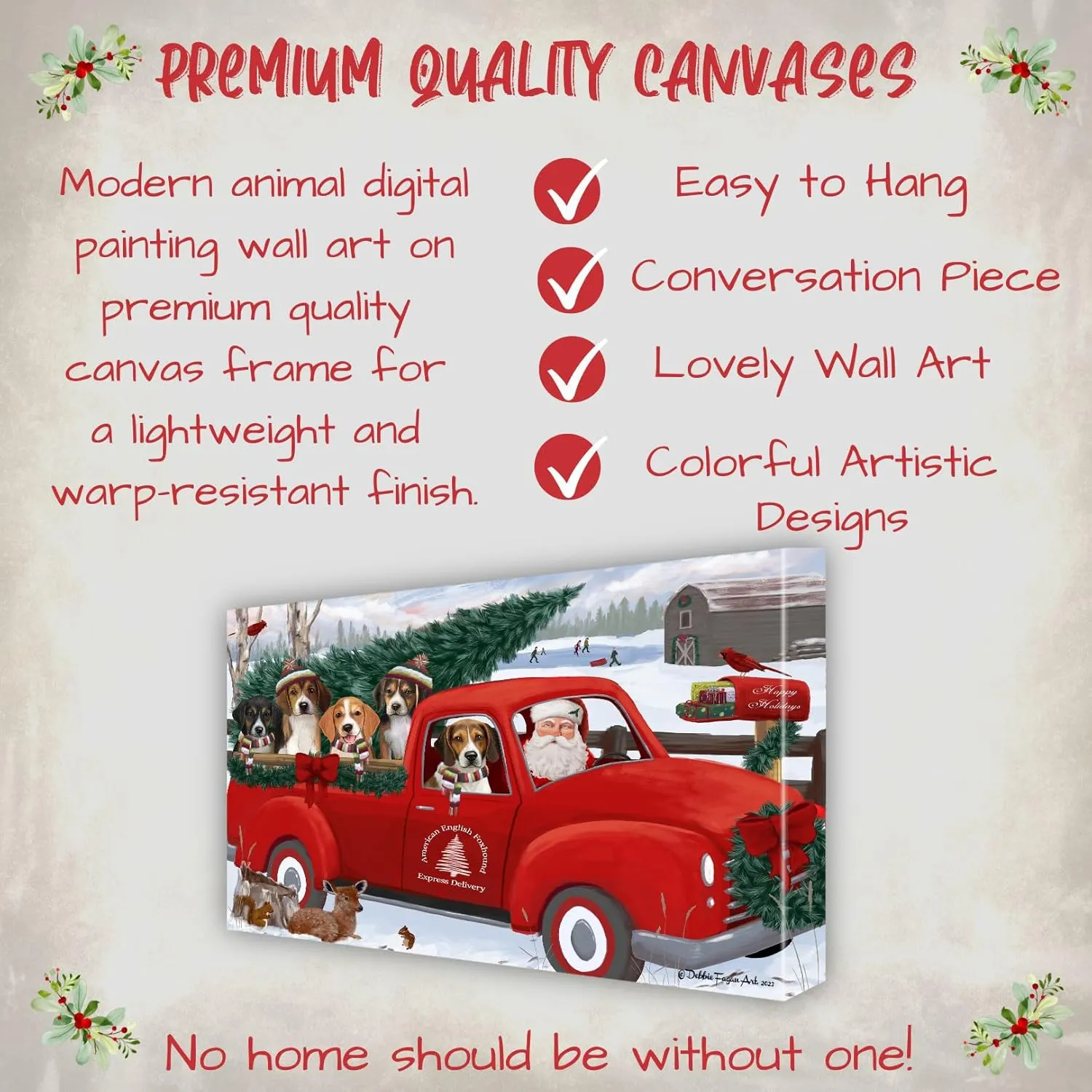 Christmas Express Red Truck with American English Foxhound Dog Canvas Wall Art - Premium Quality Ready to Hang Room Decor - Pecan Floating Framed 16" x 24"