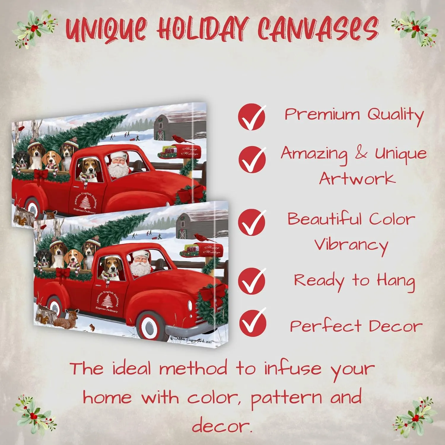 Christmas Express Red Truck with American English Foxhound Dog Canvas Wall Art - Premium Quality Ready to Hang Room Decor - Pecan Floating Framed 16" x 24"