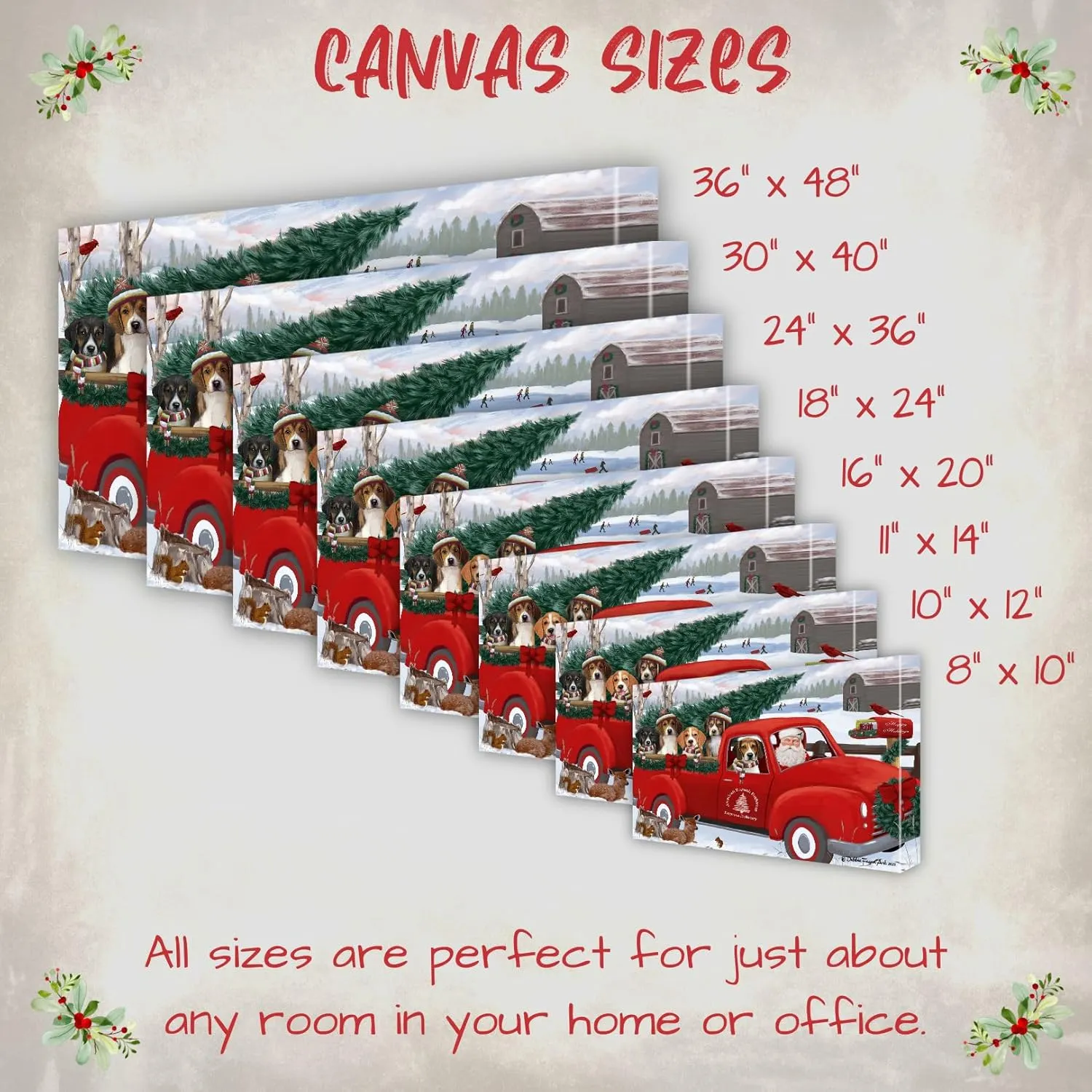 Christmas Express Red Truck with American English Foxhound Dog Canvas Wall Art - Premium Quality Ready to Hang Room Decor - Pecan Floating Framed 16" x 24"