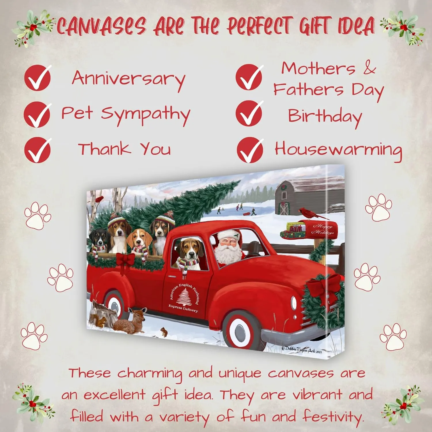 Christmas Express Red Truck with American English Foxhound Dog Canvas Wall Art - Premium Quality Ready to Hang Room Decor - Pecan Floating Framed 16" x 24"