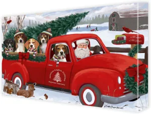 Christmas Express Red Truck with American English Foxhound Dog Canvas Wall Art - Premium Quality Ready to Hang Room Decor - Pecan Floating Framed 16" x 24"