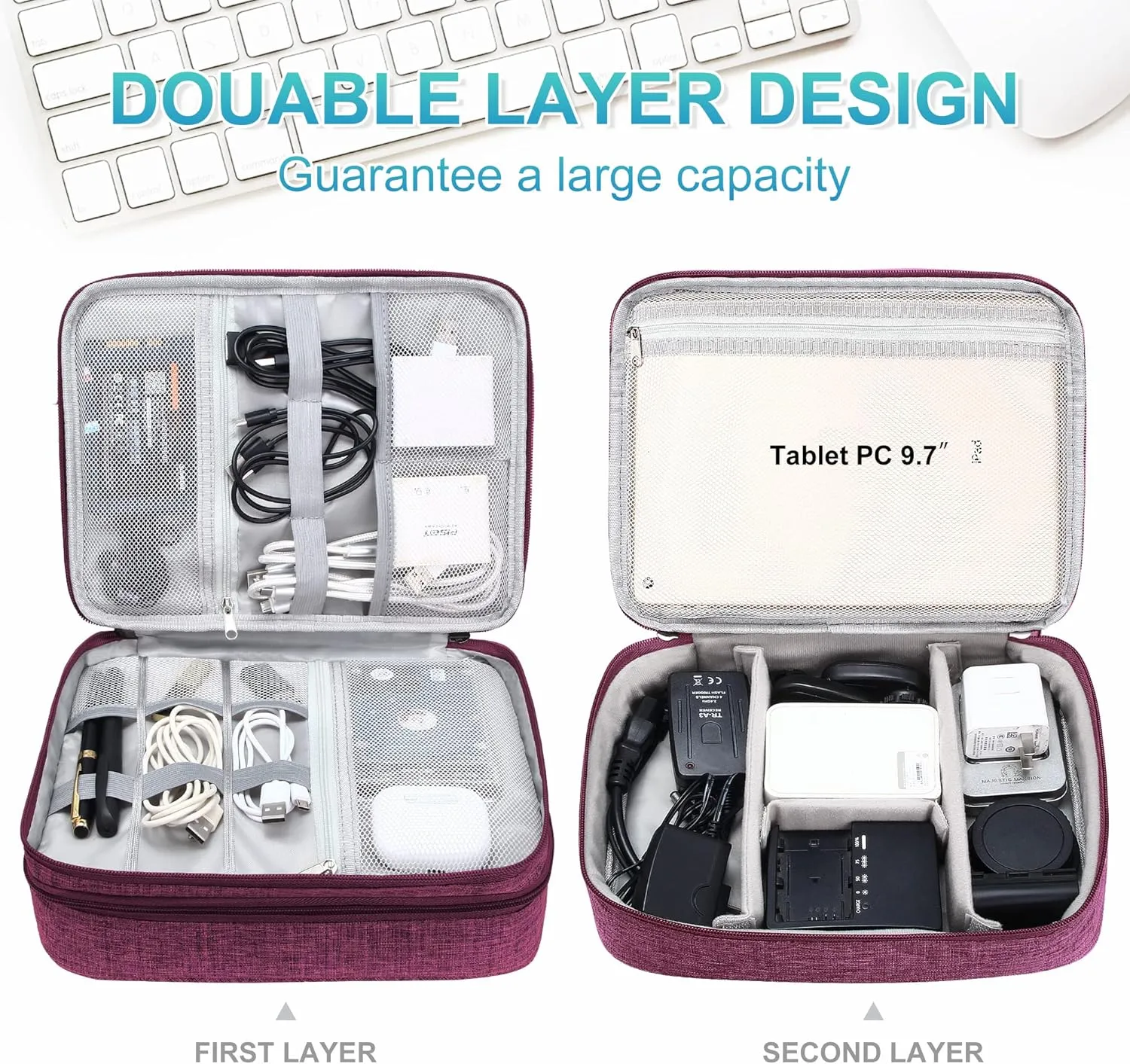 CILLA Electronic Organizer Travel Case, Double Layers Electronics Travel Organizer for Chargers, Cords, Power Bank, Adapter, Mouse, Tablet, Phone
