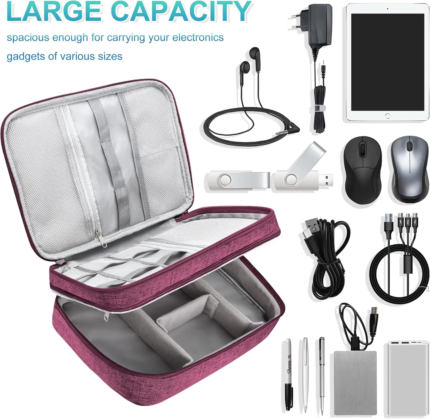 CILLA Electronic Organizer Travel Case, Double Layers Electronics Travel Organizer for Chargers, Cords, Power Bank, Adapter, Mouse, Tablet, Phone