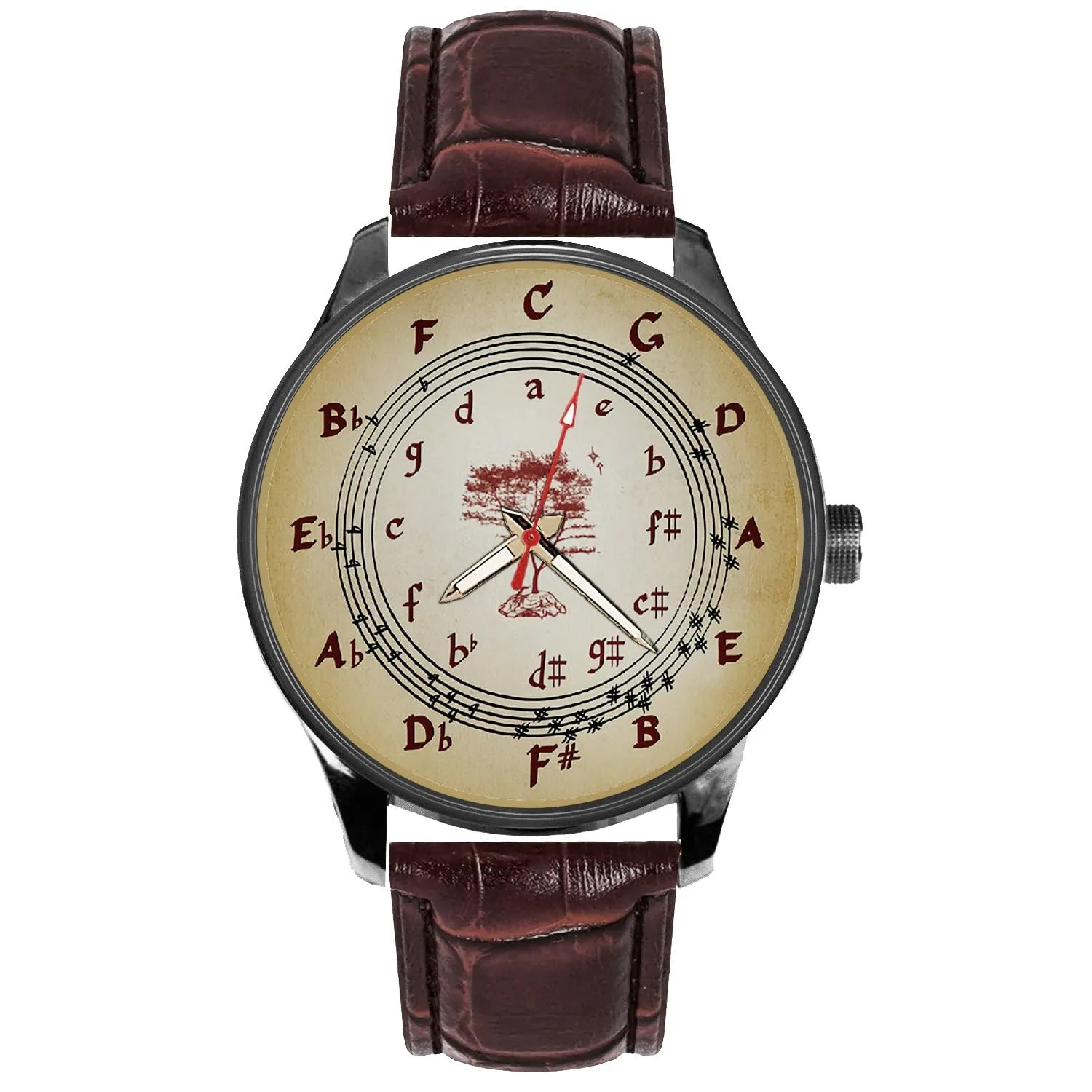 Circle Of Fifths Vintage Sepia Dial Brass Wrist Watch, Music Notation Watch For Violin/Piano Players