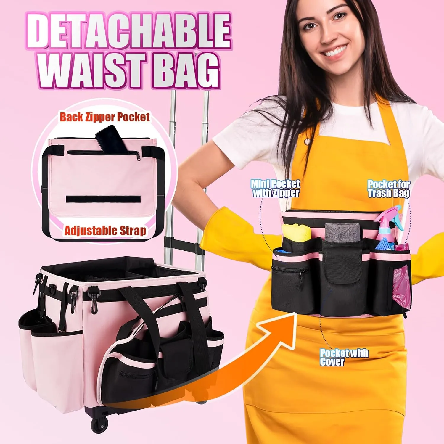 Cleaning Caddy with Wheels, 40L Rolling Cleaning Organizer Tote Bag with Handle, Large Cleaning Supply Cart for Housekeeping, Pink
