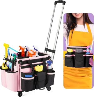 Cleaning Caddy with Wheels, 40L Rolling Cleaning Organizer Tote Bag with Handle, Large Cleaning Supply Cart for Housekeeping, Pink