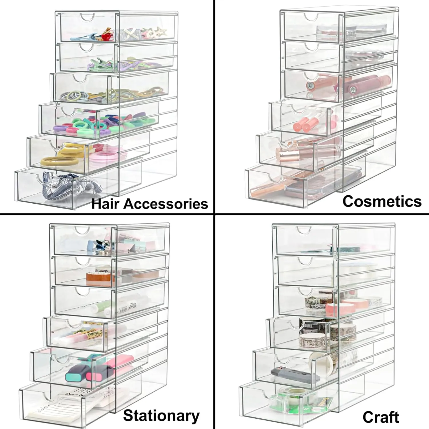 Clear Drawer Organizer, Transparent Plastic Storage Drawers, Hair Accessaries Organizer Case Display Stand, Acrylic Organizers for Organizing Eyeglass, Hair Ties, Accessories (Large - 6-Drawer)