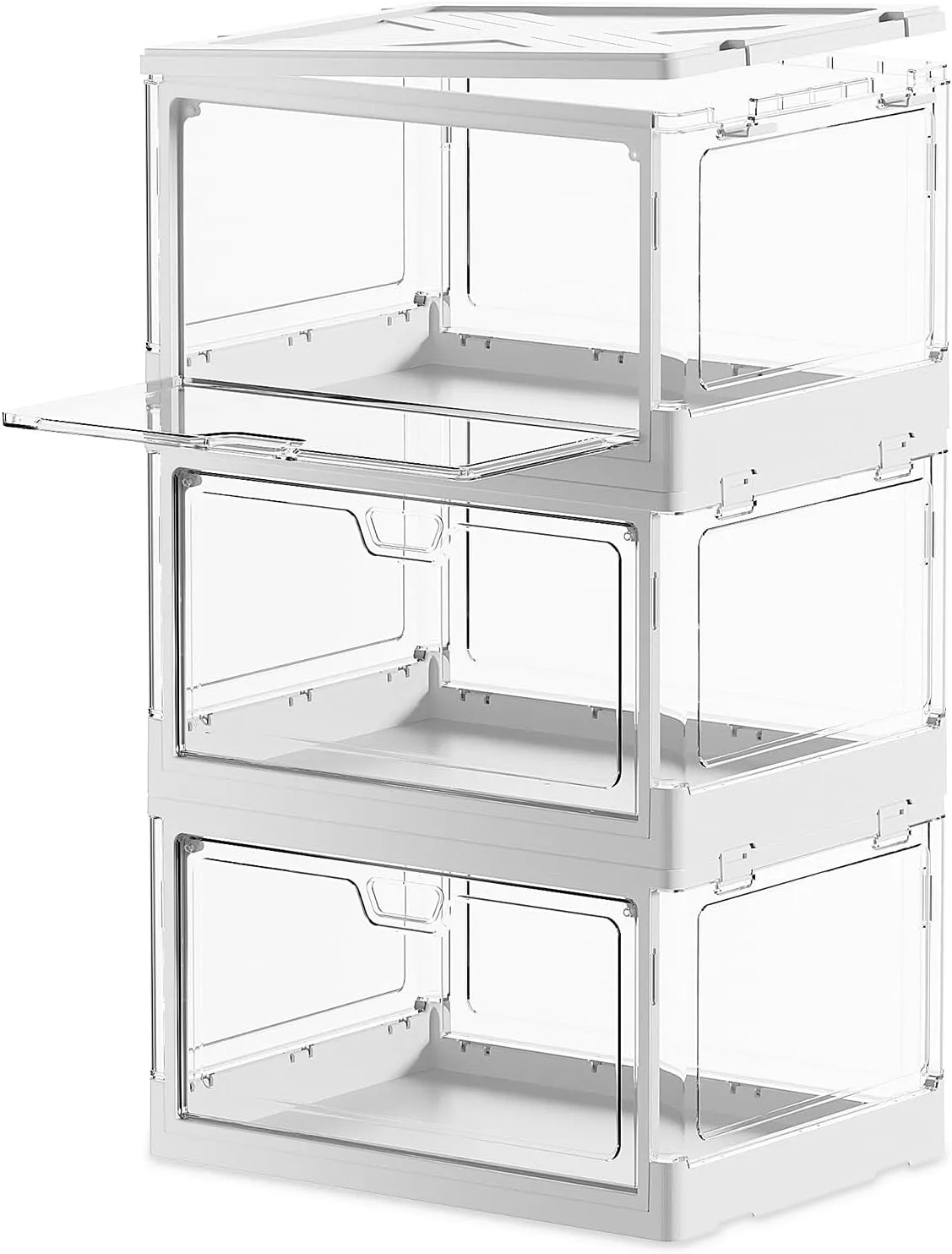 Clear Stackable Storage Box with Flip-Top Lid for Bathroom, Kitchen, Office – Transparent Plastic Organizer Bin with Front Opening – Dustproof, Easy Access White 15x11.2x8.7 x 3-Pack (3)