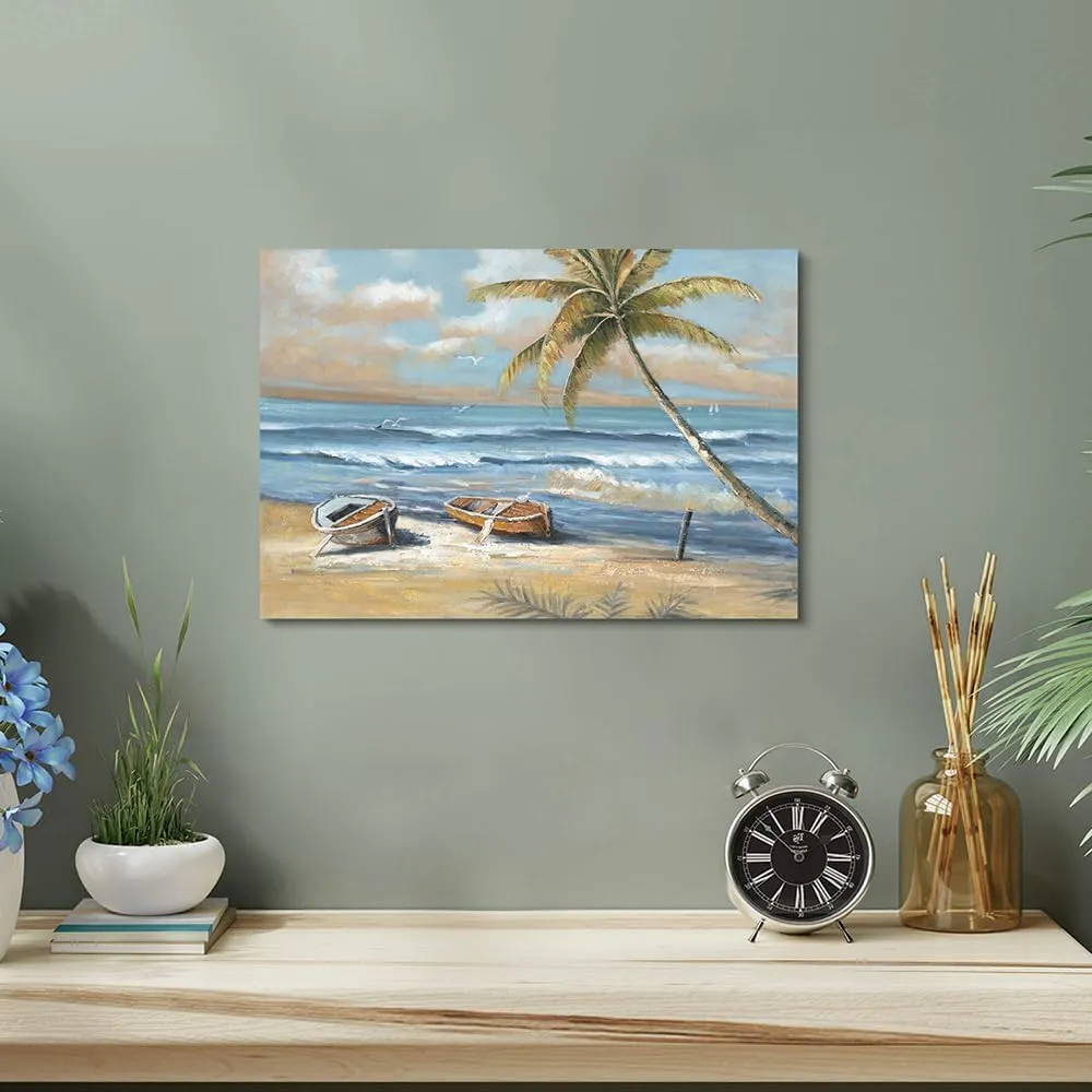 coastal wall art beach picture: palm tree canvas artwork seascape ocean scene prints - sailboat wall decor for bedroom bathroom 12"x16"