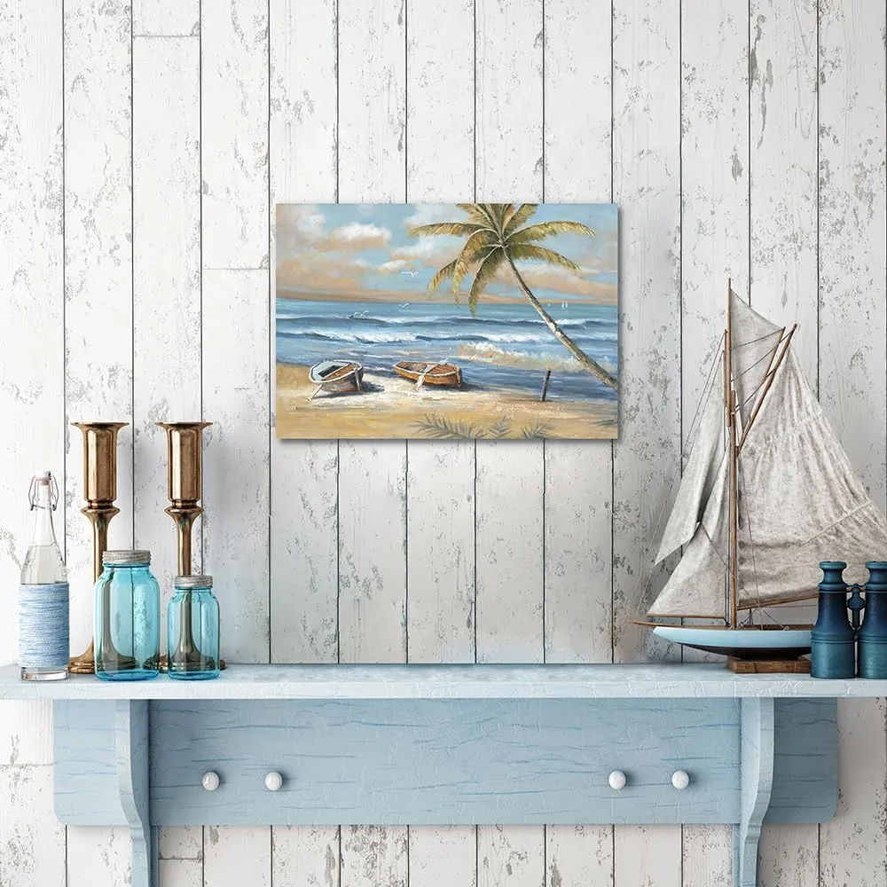 coastal wall art beach picture: palm tree canvas artwork seascape ocean scene prints - sailboat wall decor for bedroom bathroom 12"x16"