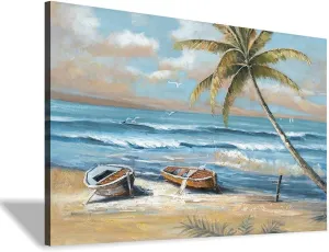 coastal wall art beach picture: palm tree canvas artwork seascape ocean scene prints - sailboat wall decor for bedroom bathroom 12"x16"