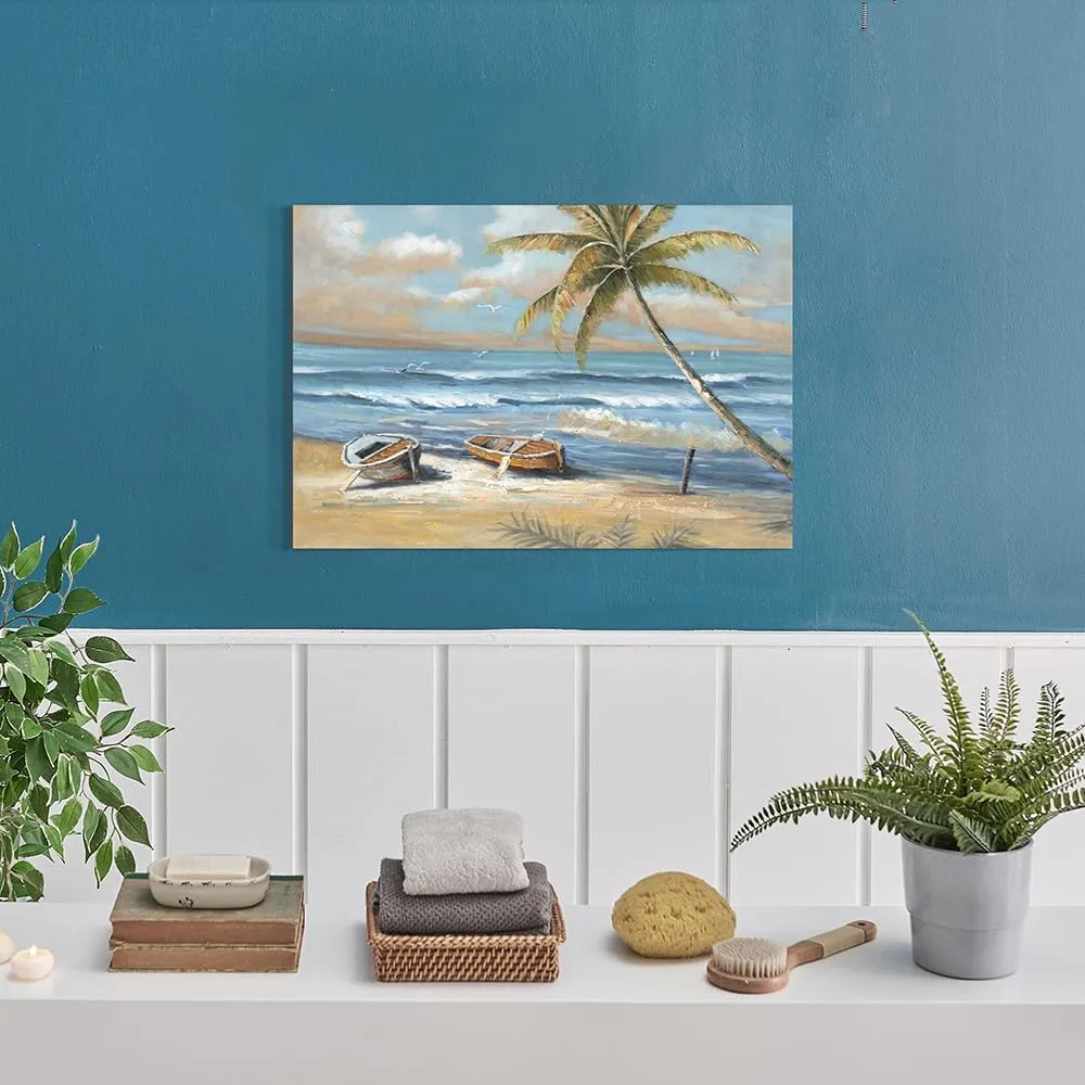 coastal wall art beach picture: palm tree canvas artwork seascape ocean scene prints - sailboat wall decor for bedroom bathroom 12"x16"