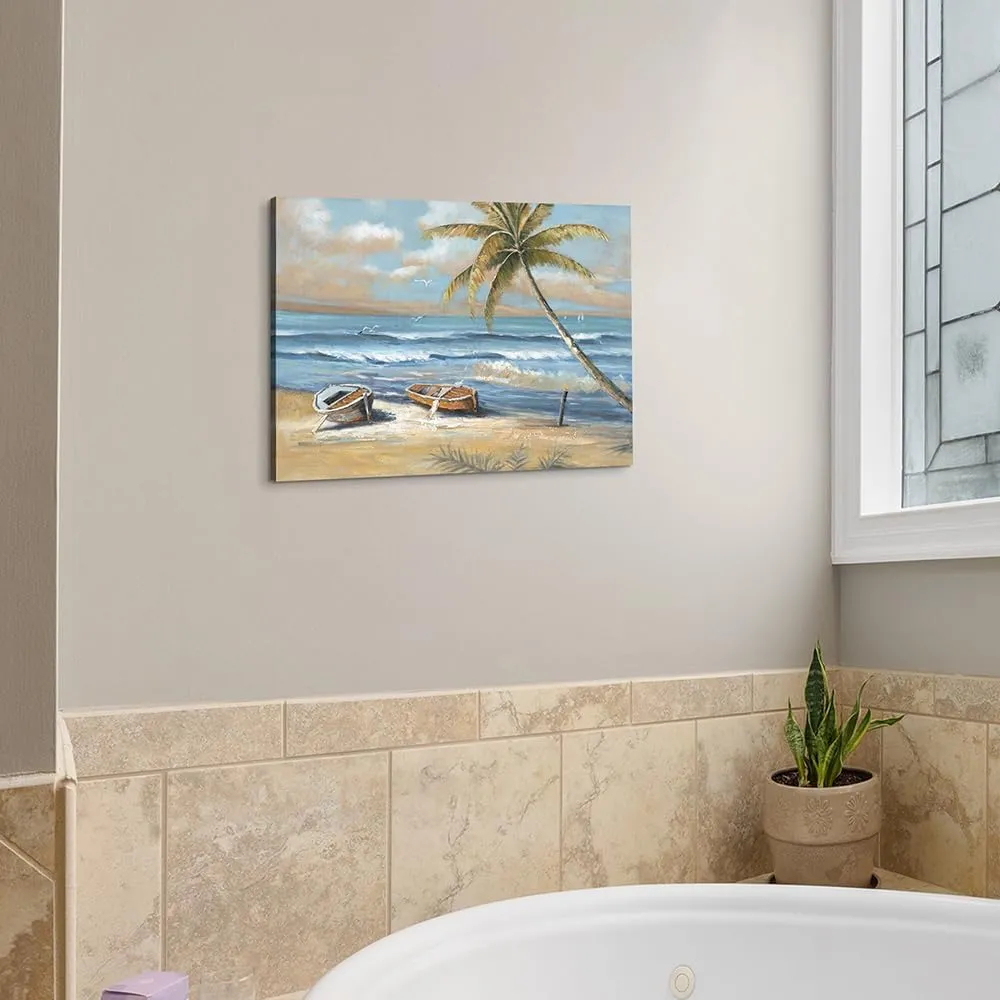 coastal wall art beach picture: palm tree canvas artwork seascape ocean scene prints - sailboat wall decor for bedroom bathroom 12"x16"