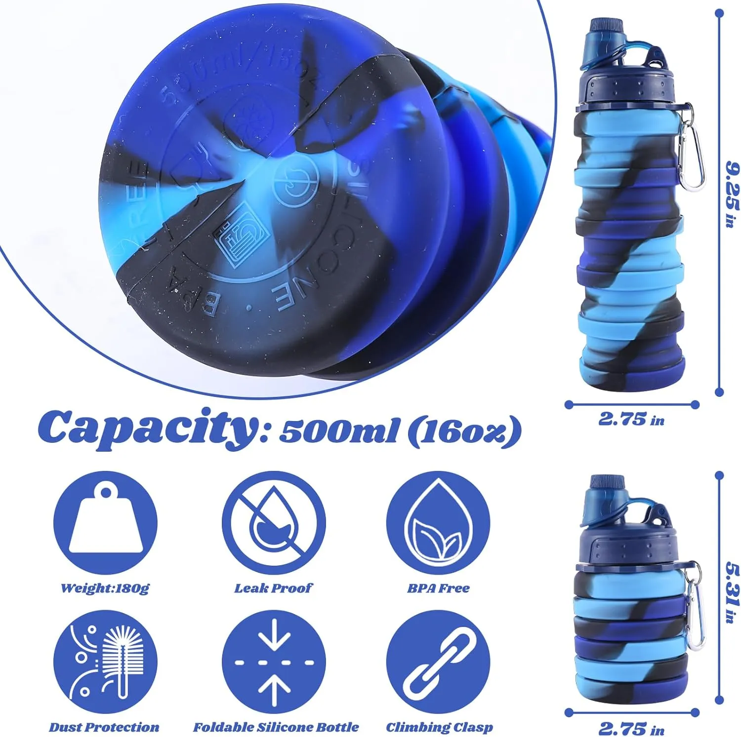 Collapsible Water Bottle for Adults, Boys, Students, Kids, Reusable Silicone Foldable Water Bottles for Travel Camping Hiking Sports,Leak-Proof Portable Sports Water Bottle (Blue & Camouflage)