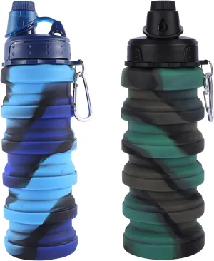 Collapsible Water Bottle for Adults, Boys, Students, Kids, Reusable Silicone Foldable Water Bottles for Travel Camping Hiking Sports,Leak-Proof Portable Sports Water Bottle (Blue & Camouflage)