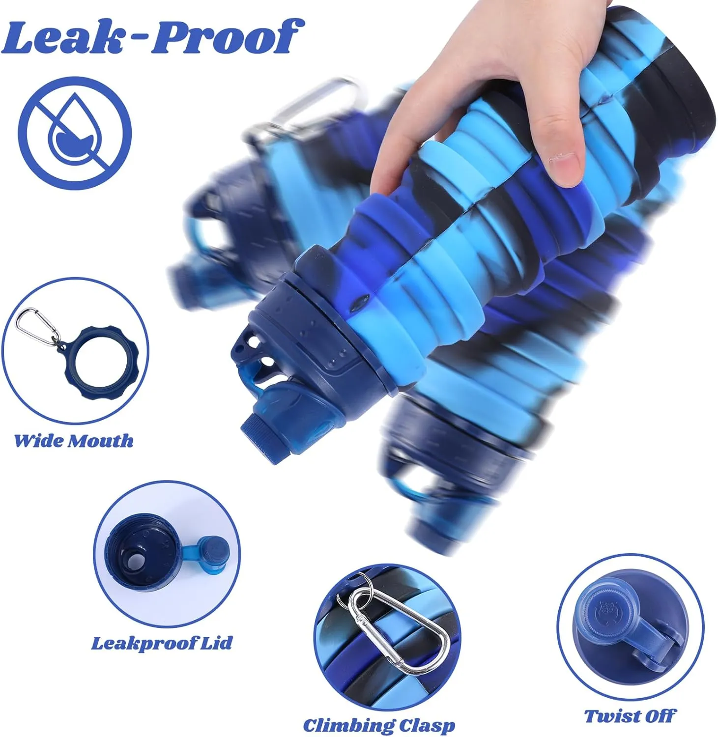Collapsible Water Bottle for Adults, Boys, Students, Kids, Reusable Silicone Foldable Water Bottles for Travel Camping Hiking Sports,Leak-Proof Portable Sports Water Bottle (Blue & Camouflage)