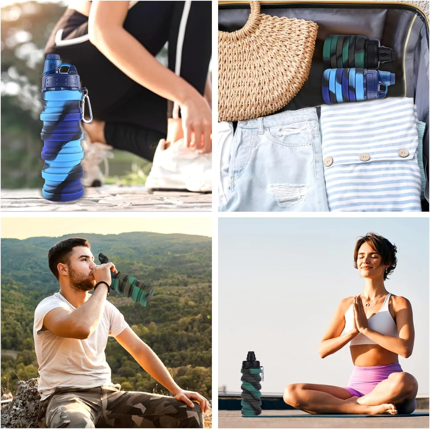 Collapsible Water Bottle for Adults, Boys, Students, Kids, Reusable Silicone Foldable Water Bottles for Travel Camping Hiking Sports,Leak-Proof Portable Sports Water Bottle (Blue & Camouflage)