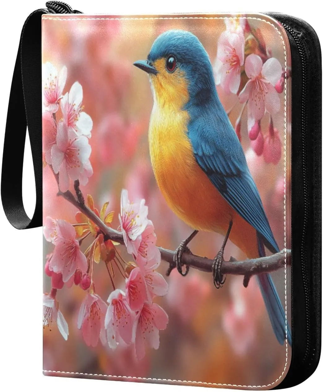 Colorful Bird Perched Flowers Cards Binder 4 Pocket Fits 400 Cards with 50 Removable Sleevesves, Trading Card Collector Zipper Album Holder Portable Card Games Display Storage Cases