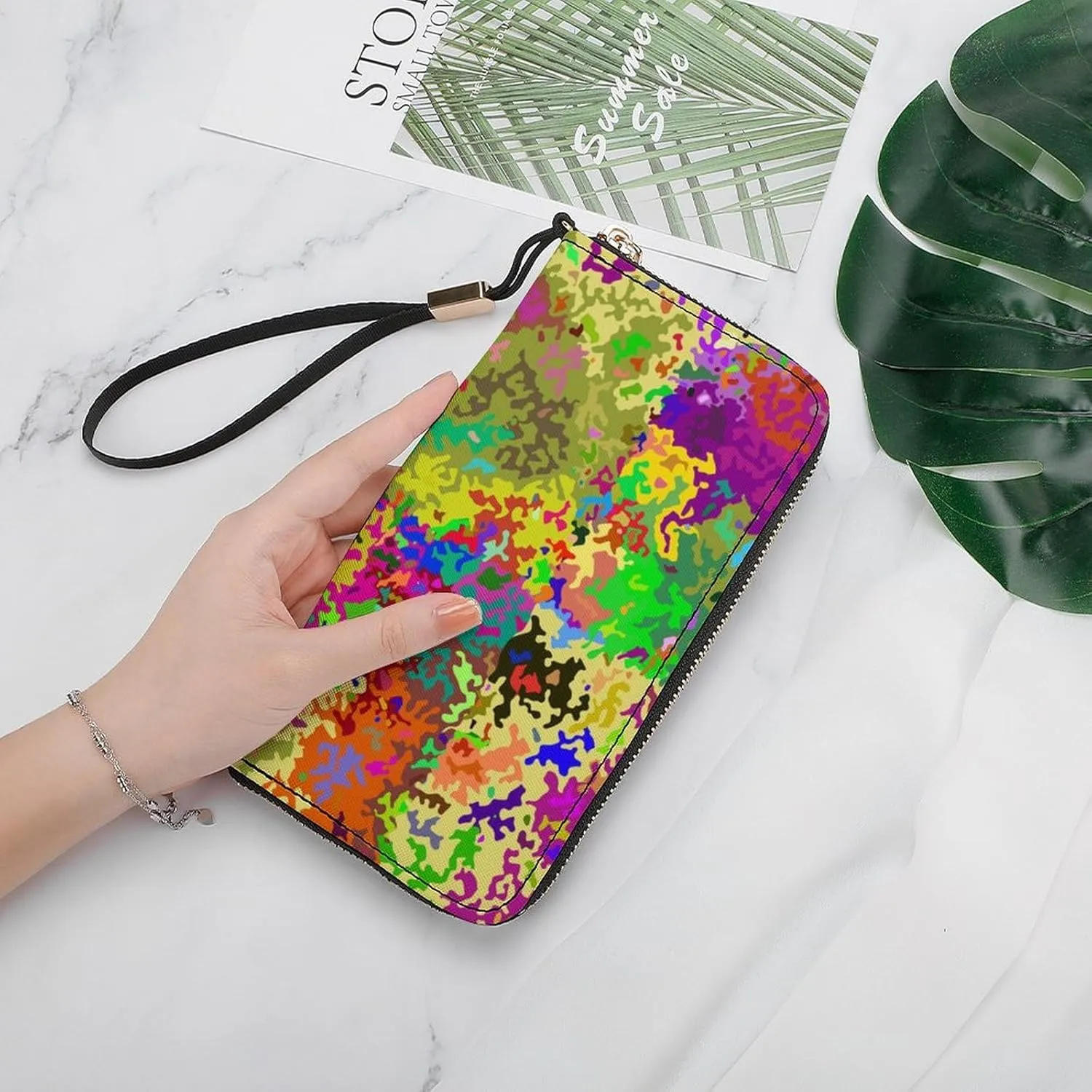 Colorful Camouflage Women's Leather Long Large Capacity Wallet Clutch Wallet with Hand Strap, 20x10.5cm, style-16-3