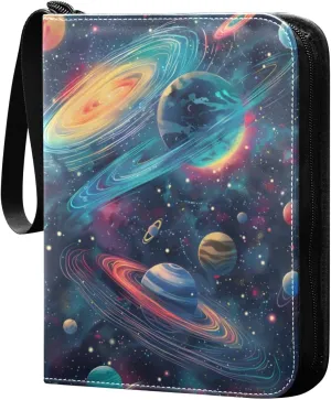 Colorful Cosmos Space with Planets Card Binder 4 Pocket Trading Card Binder Portable Cards Collection Book with Zipper