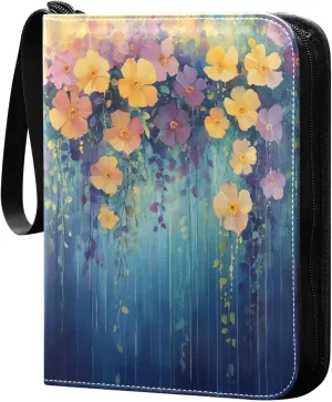 Colorful Flowers and Vines Cards Binder 4 Pocket Fits 400 Cards with 50 Removable Sleevesves, Trading Card Collector Zipper Album Holder Portable Card Games Display Storage Cases