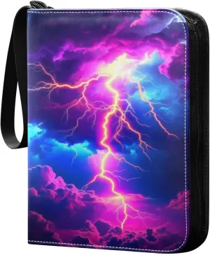 Colorful Neon Lightning Cards Binder 4 Pocket Fits 400 Cards with 50 Removable Sleevesves, Trading Card Collector Zipper Album Holder Portable Card Games Display Storage Cases