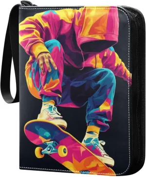 Colorful Skateboarder Cards Binder 4 Pocket Fits 400 Cards with 50 Removable Sleevesves, Trading Card Collector Zipper Album Holder Portable Card Games Display Storage Cases