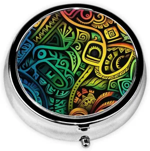 Colorful Tribal Pattern Pill Box Round Pill Case for Pocket Purse 3 Compartment Medicine Pill Organizer Cute Portable Travel Pillbox Vitamin Cod Liver Oil Storage Box Unique Gift Organizer