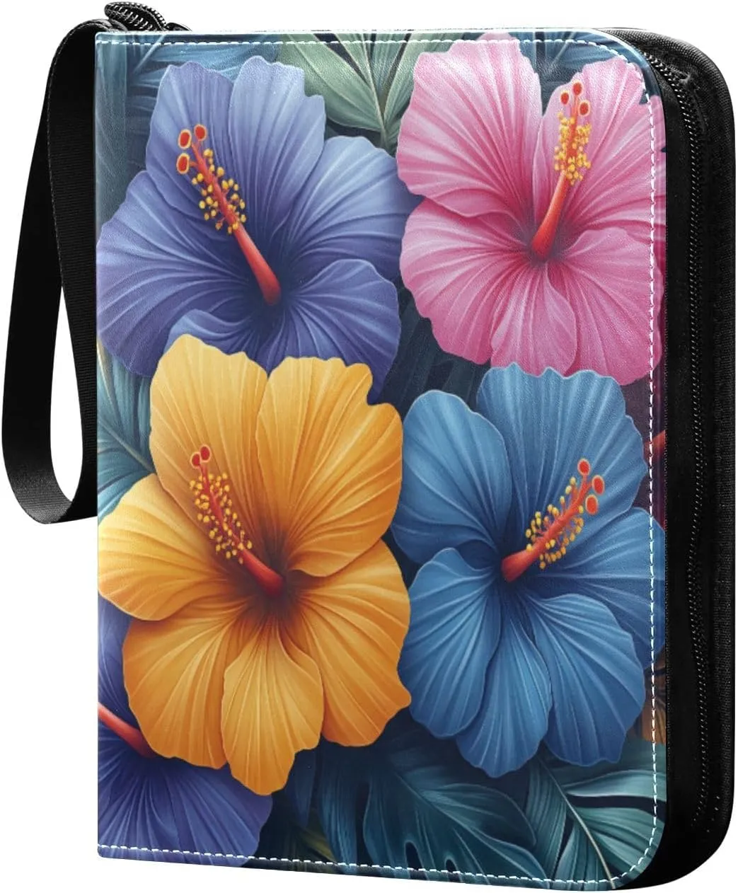 Colorful Tropical Flowers and Palm Leaves Cards Binder 4 Pocket Fits 400 Cards with 50 Removable Sleevesves, Trading Card Collector Zipper Album Holder Portable Card Games Display Storage Cases