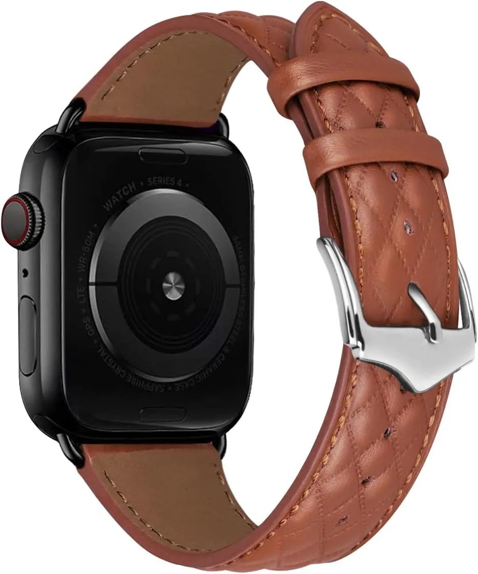 Compatible with Apple Watch Band 49mm 45mm 44mm 42mm Genuine Leather Band Men Women Strap Compatible with Apple Watch Ultra Series 8 7 SE2 SE 6 5 4 3 2 1 42 44 45 49 mm Band,Checkered Brown