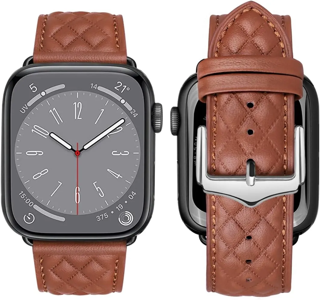Compatible with Apple Watch Band 49mm 45mm 44mm 42mm Genuine Leather Band Men Women Strap Compatible with Apple Watch Ultra Series 8 7 SE2 SE 6 5 4 3 2 1 42 44 45 49 mm Band,Checkered Brown