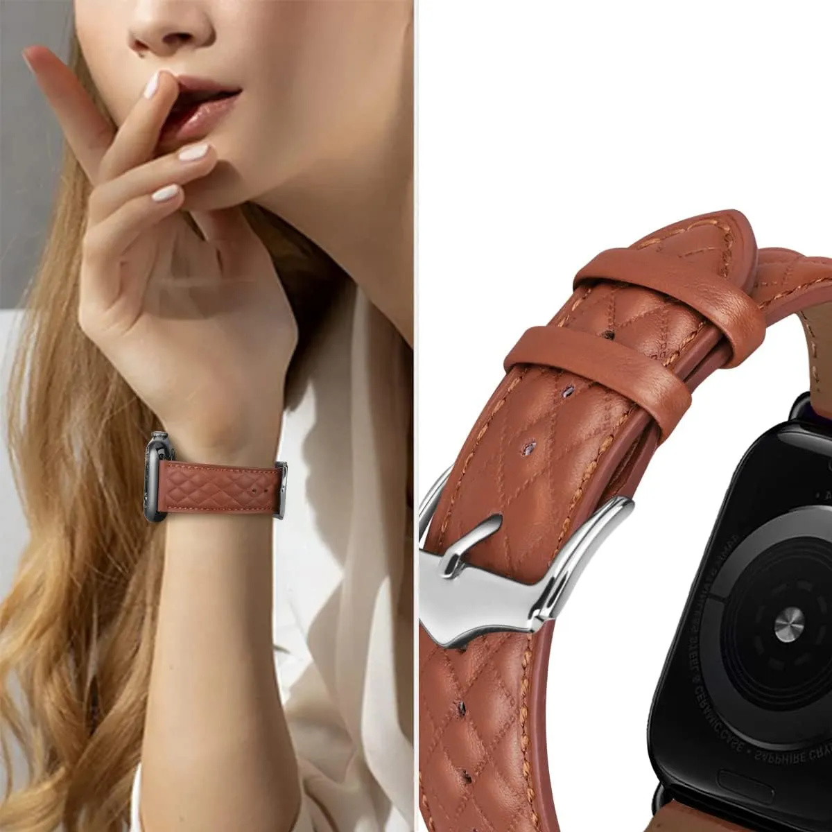 Compatible with Apple Watch Band 49mm 45mm 44mm 42mm Genuine Leather Band Men Women Strap Compatible with Apple Watch Ultra Series 8 7 SE2 SE 6 5 4 3 2 1 42 44 45 49 mm Band,Checkered Brown