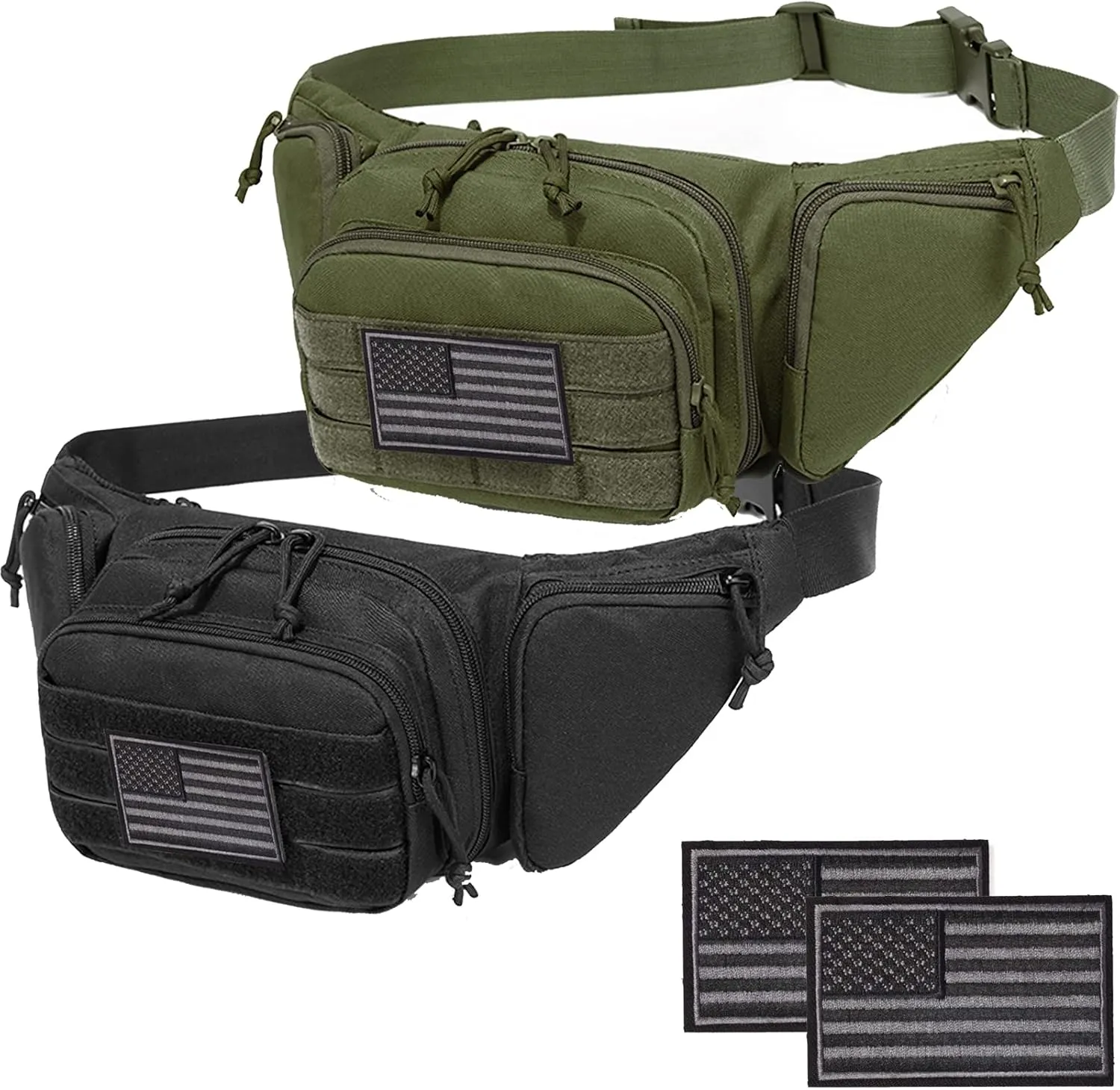 Concealed Pistol Fanny Pack ，Tactical Waist Bag Carry Gun Holster Fits Handgun, 1911 and More with U.S Patch (2 Pack Black Green)