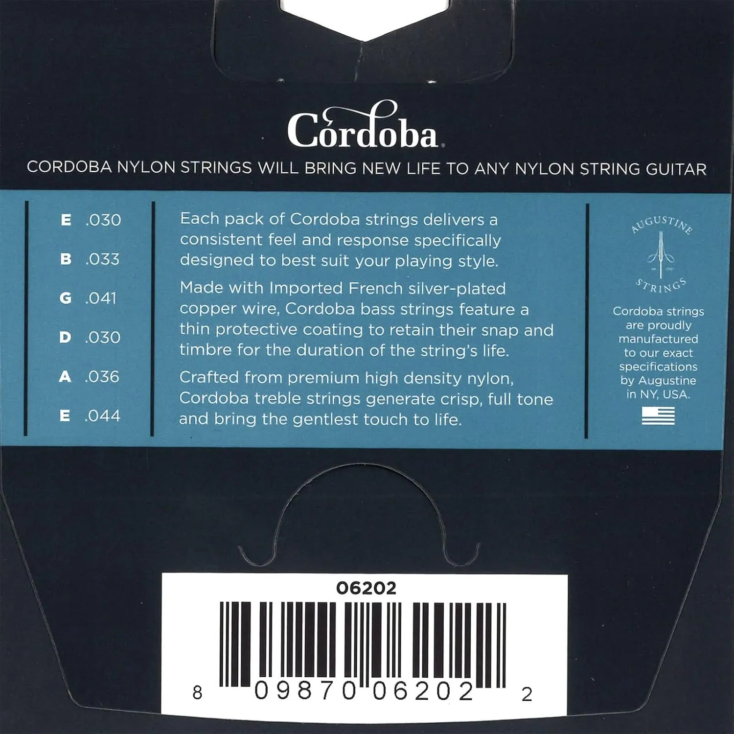 Cordoba Nylon Guitar Strings, Set of 6, Hard Tension, Blue